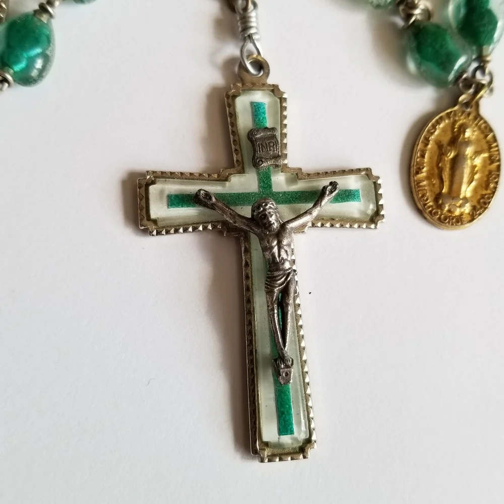 Vintage Saint Jude rosary bubble bead catholic lucite green silver gold tone